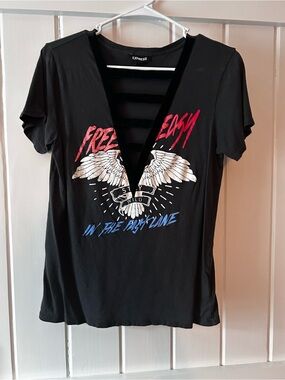 Express Black 'Free Easy' Graphic Short Sleeve Tee with Velvet V-Notch